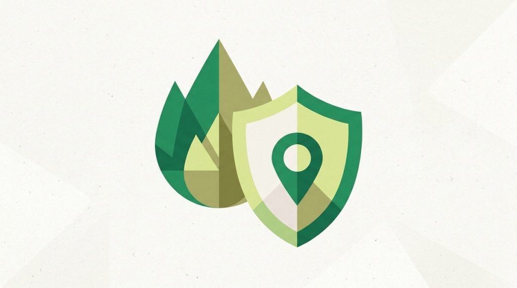 Illustration: a flame-shaped badge behind a privacy shield with a location pin