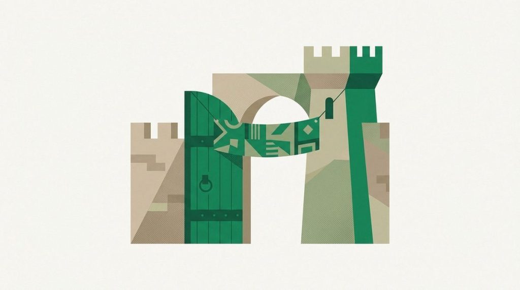 Illustration: a fortress gate slightly ajar with a seven-day refund banner