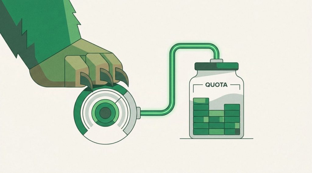 Illustration: a bear paw pressing a data meter that fills a small monthly quota jar