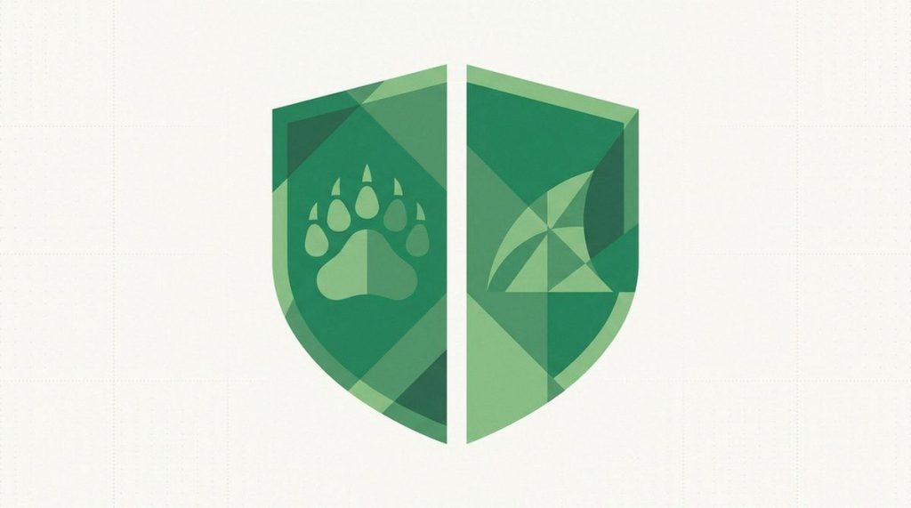 Illustration: a bear paw print and a shark fin on split halves of a shield