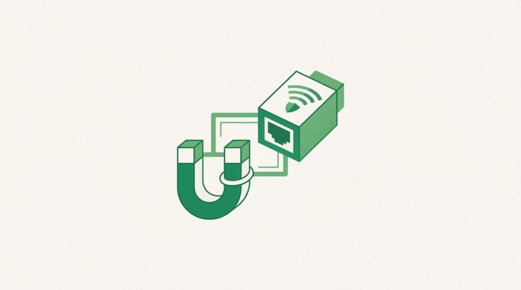 Illustration: a small torrent magnet icon bound to a shielded network adapter