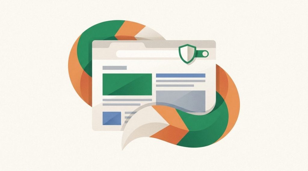 Illustration: a fox-tail swirl around a browser window with a shield toggle