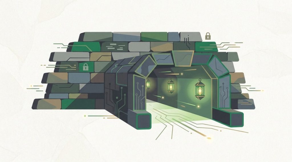 Illustration: a lantern-lit secure tunnel passing under a heavy stone firewall