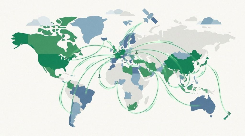 Illustration: an archipelago of islands linked by glowing secure connection lines
