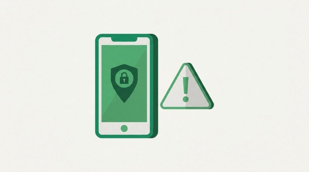 Illustration: a mobile phone with a map pin and a privacy shield, a warning sign nearby