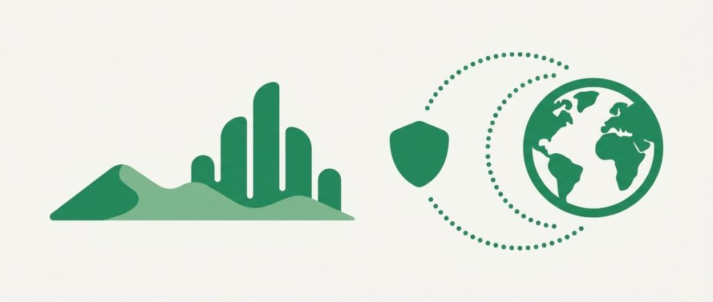 Illustration: a desert skyline silhouette with a globe, connection arcs and a shield