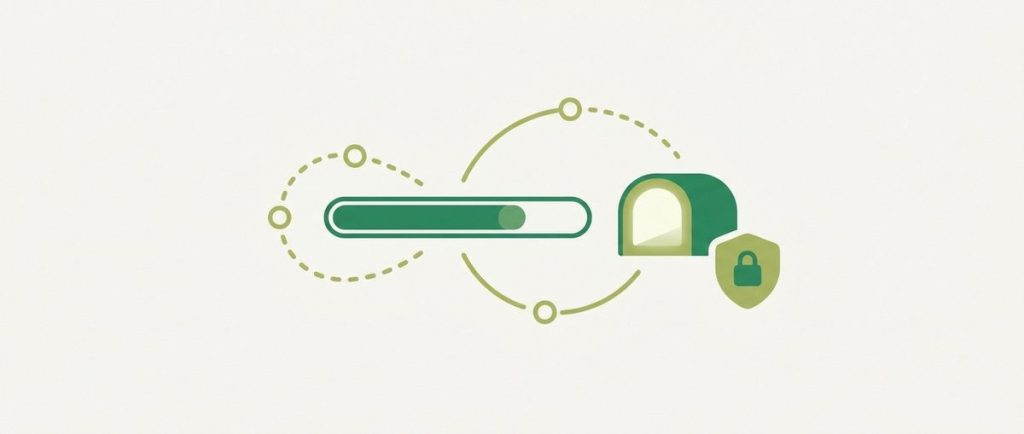 Illustration: a download progress bar with peer connection lines routed through a rounded tunnel and shield