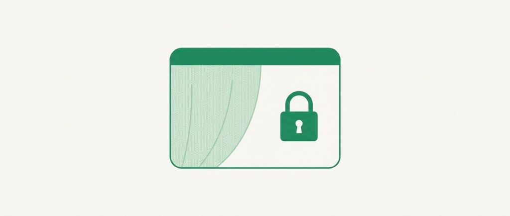 Illustration: a browser window with a privacy curtain half drawn and a padlock badge, abstract and neutral