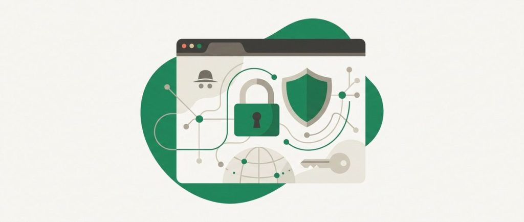 Illustration: a browser window in incognito mode with a large padlock and a shield, abstract and neutral