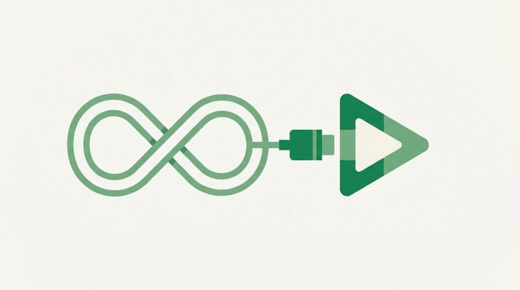 Illustration: an infinity ribbon plugged into a play button with an add-on socket