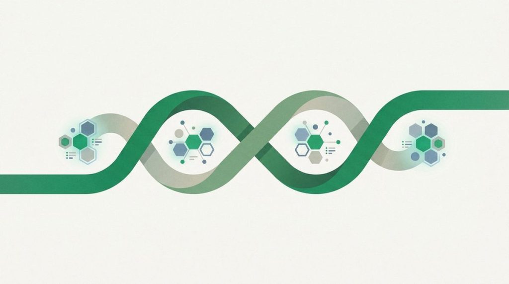 Illustration: an infinity ribbon woven through selected highlighted swarm nodes