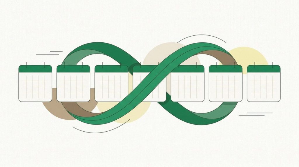 Illustration: an infinity ribbon threaded through a seven-day trial calendar