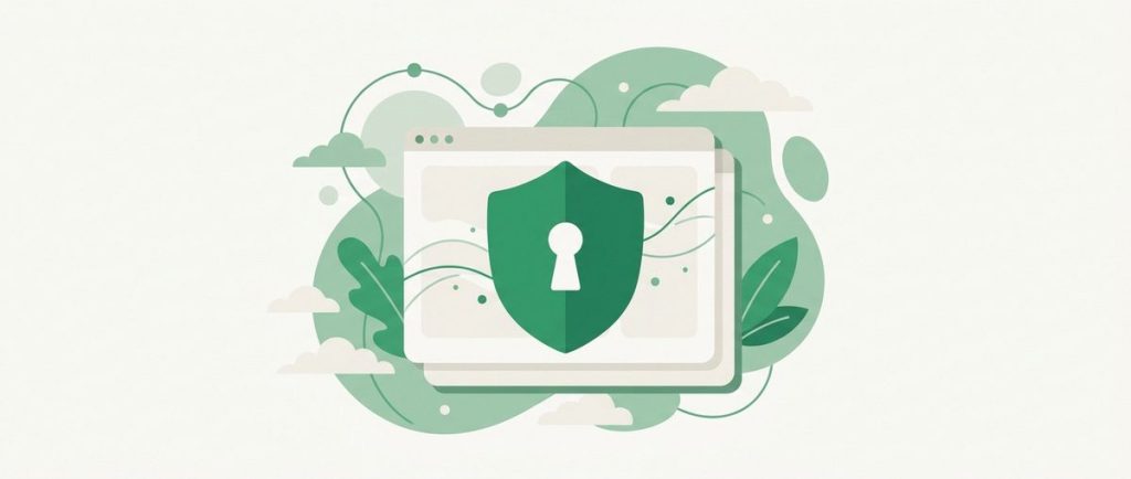 Illustration: an abstract browser window behind a large shield with a keyhole, neutral privacy scene