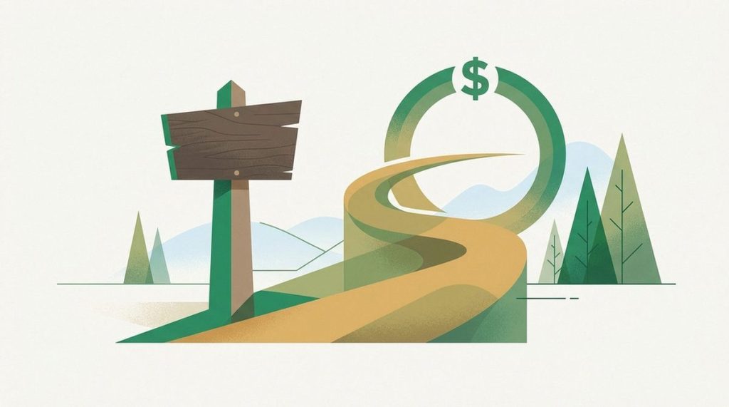 Illustration: a mountain trailhead sign with a winding path fading into a money-back loop