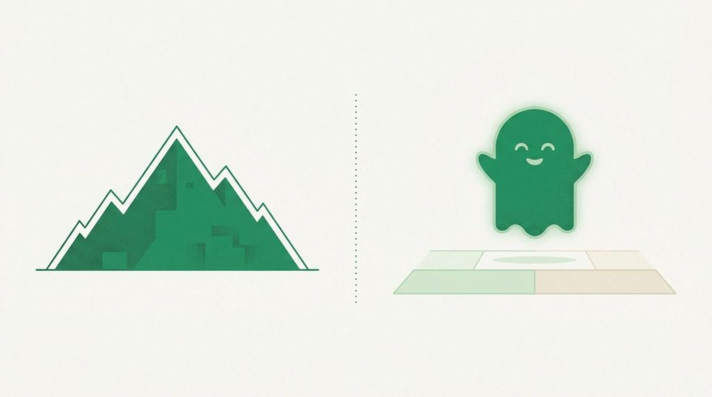 Illustration: a mountain silhouette and a friendly ghost across a comparison field