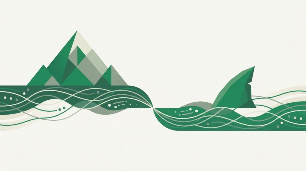 Illustration: a mountain peak and a shark fin over a divided data stream
