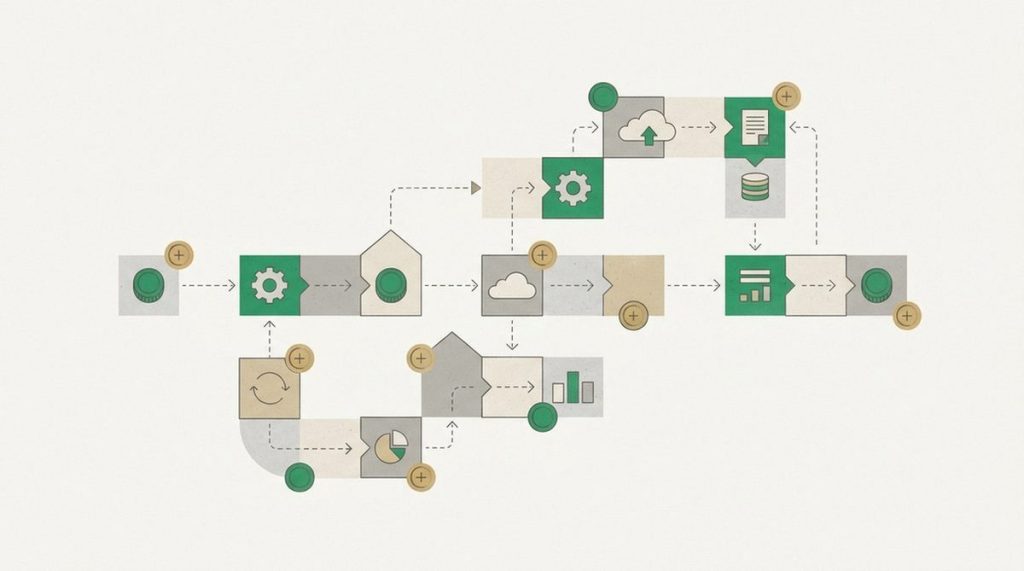 Illustration: a build-a-plan blueprint with modular blocks priced with small coins