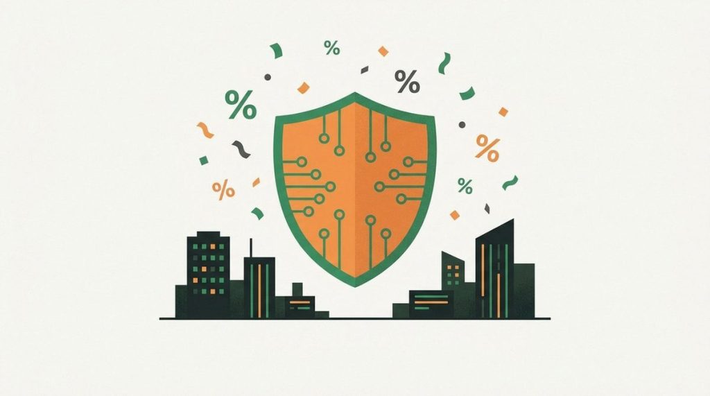 Illustration: an orange shield under falling percent-sign confetti on a dark friday backdrop