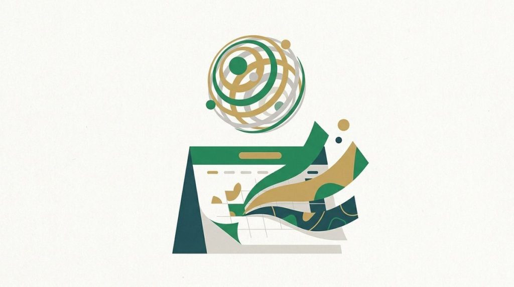 Illustration: an atom orb over a calendar page late november with sale ribbons