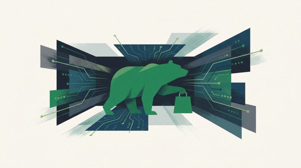 Illustration: a bear silhouette carrying a shopping bag through a dark november data tunnel