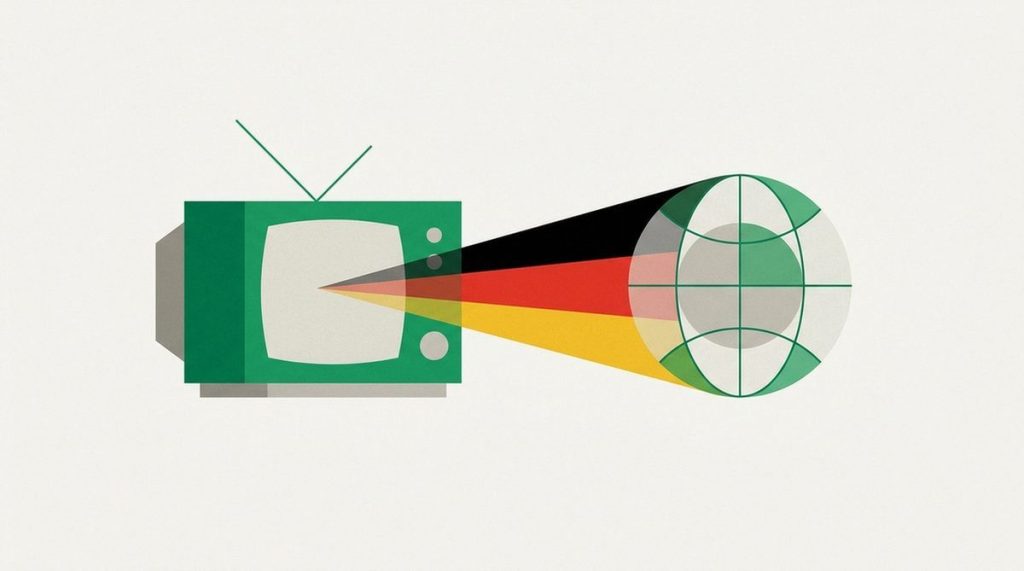 Illustration: a classic tv set with a german tricolor signal beam crossing a globe
