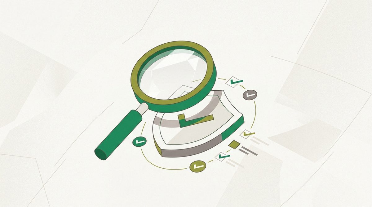 magnifying glass over a shield surrounded by privacy checklist icons