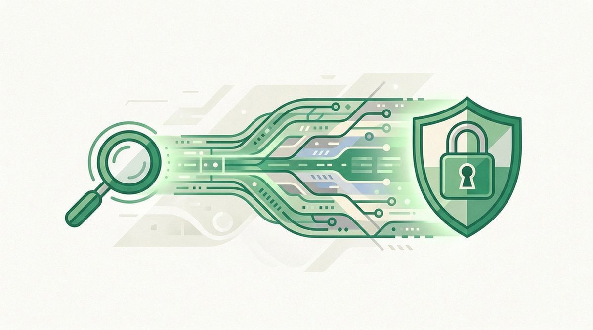 digital tunnel linking a search icon to a locked shield