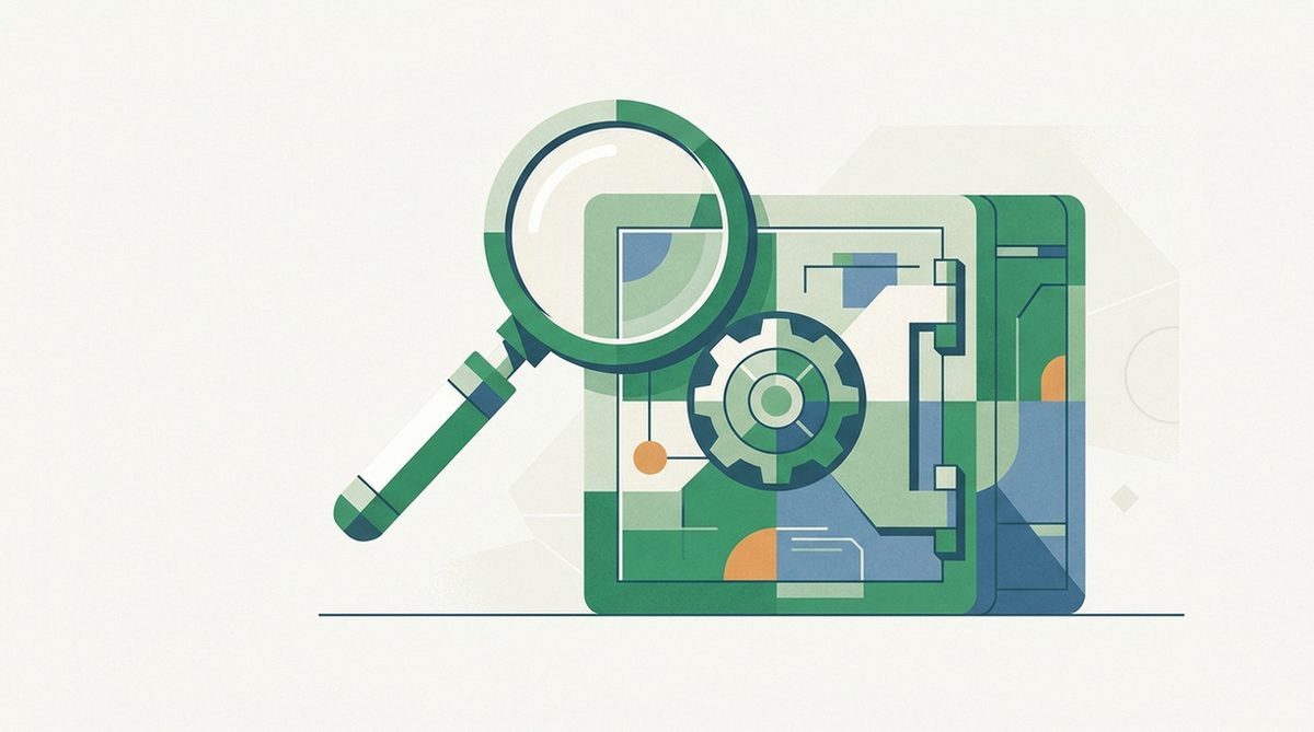 Magnifying glass inspecting a sealed vault with no data trail, representing scrutiny of a no-logs privacy claim