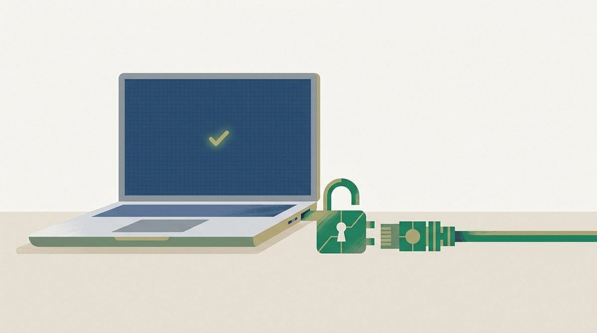 Network cable locking into place as it connects to a laptop, representing a privacy-safe VPN setup