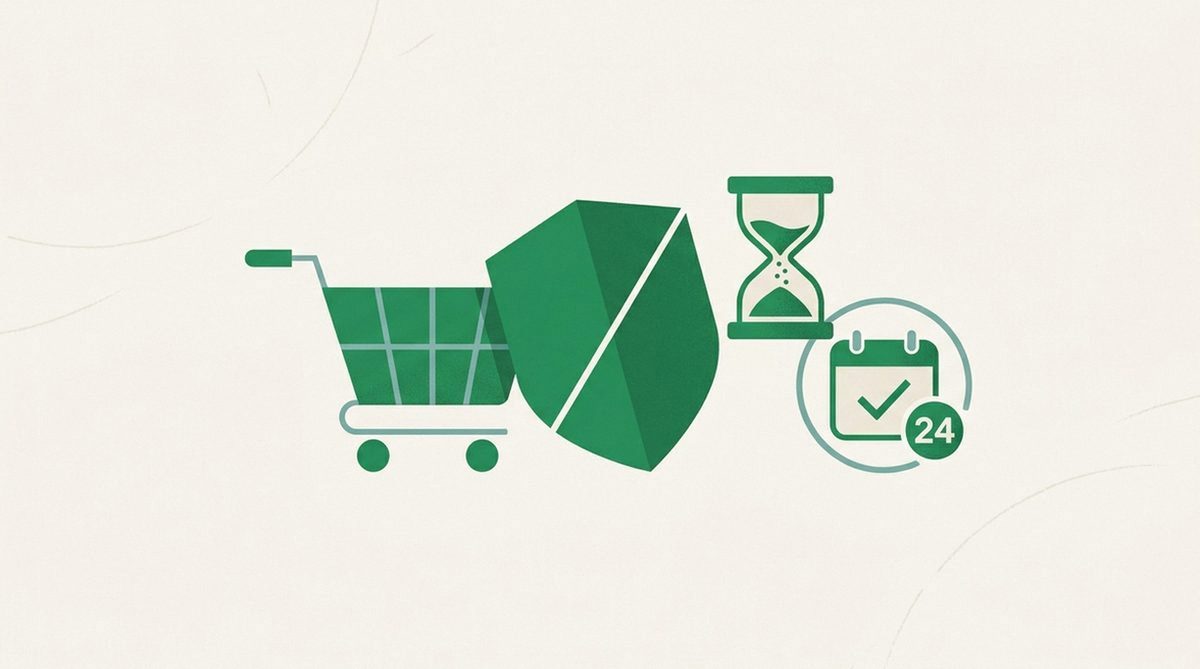 shield tilted between a shopping cart and an hourglass