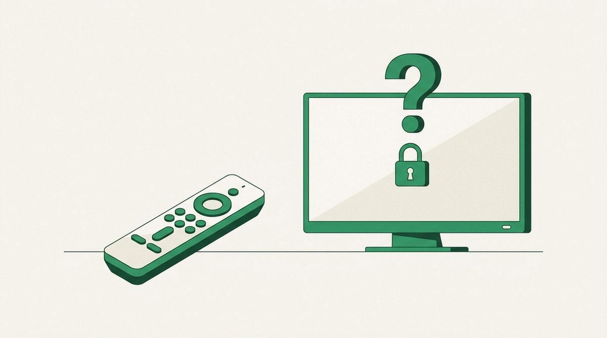 Question mark hovering over a streaming device and padlock icon