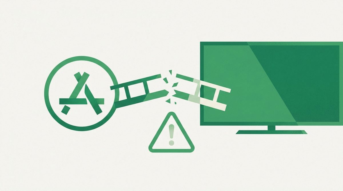 Broken bridge connecting an app icon to a television screen with warning sign