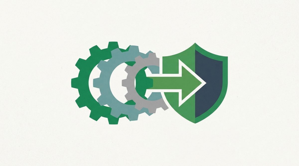 Gears configuring a shielded tunnel with a download arrow for safer torrenting setup