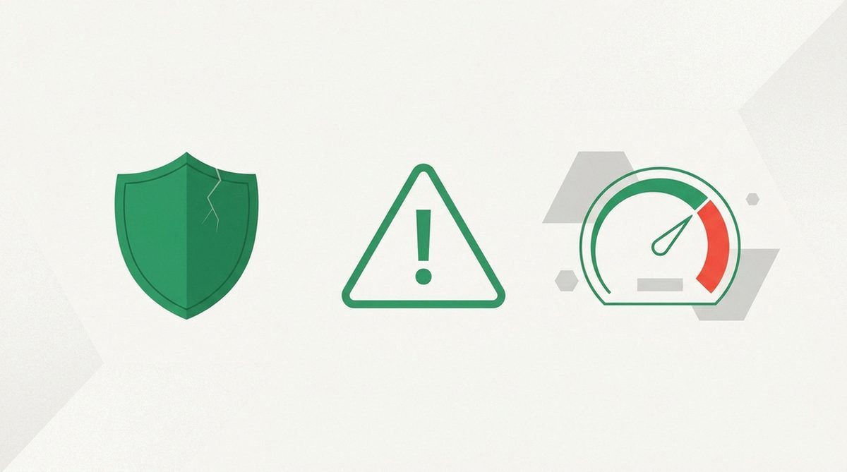 Cracked shield beside a warning triangle symbolizing limitations and drawbacks of a VPN service