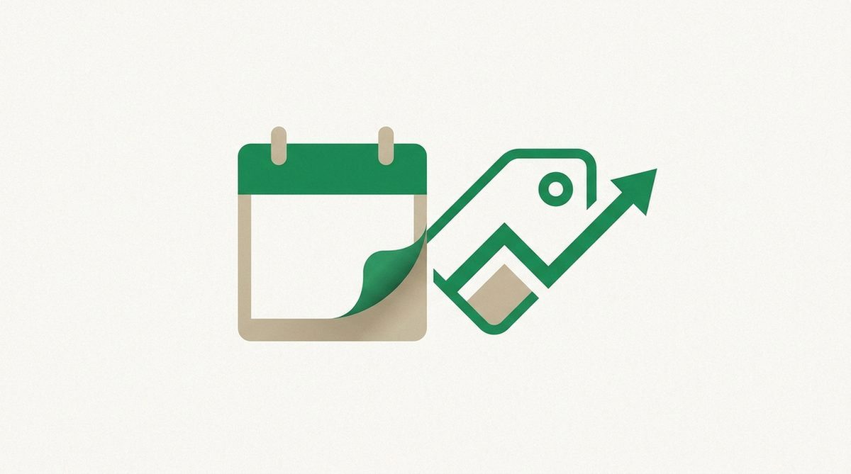 Calendar page transforming into a price tag with an upward arrow