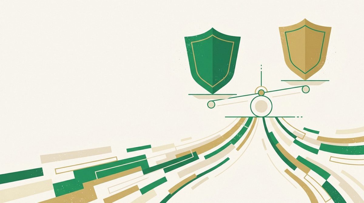 two brand shields weighed on a balance scale over data streams