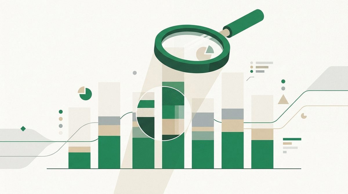 Stacked comparison bars examined with an oversized magnifying glass