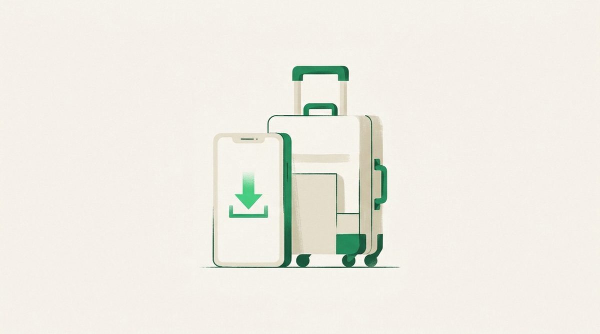 Illustration eines Smartphones mit Download-Pfeil neben einem Koffer