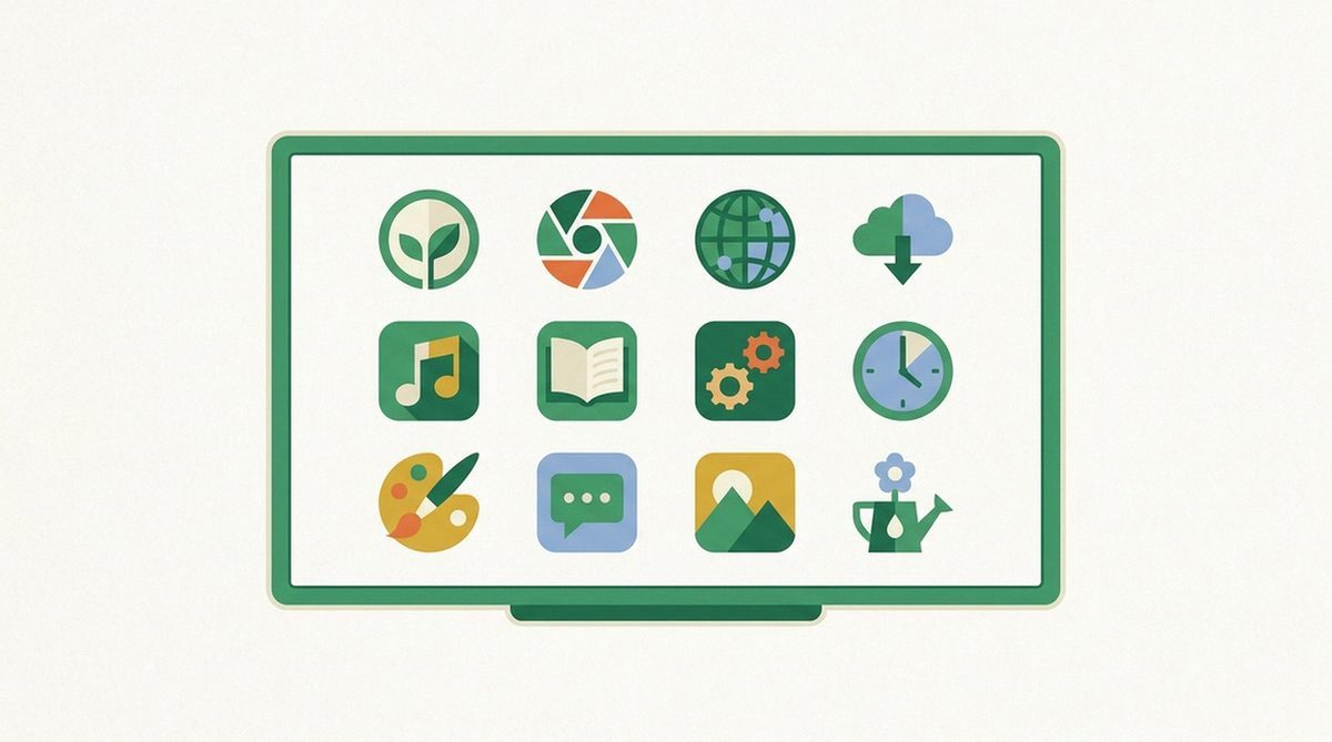 Illustration eines Fernsehers mit einem Raster alternativer App-Symbole