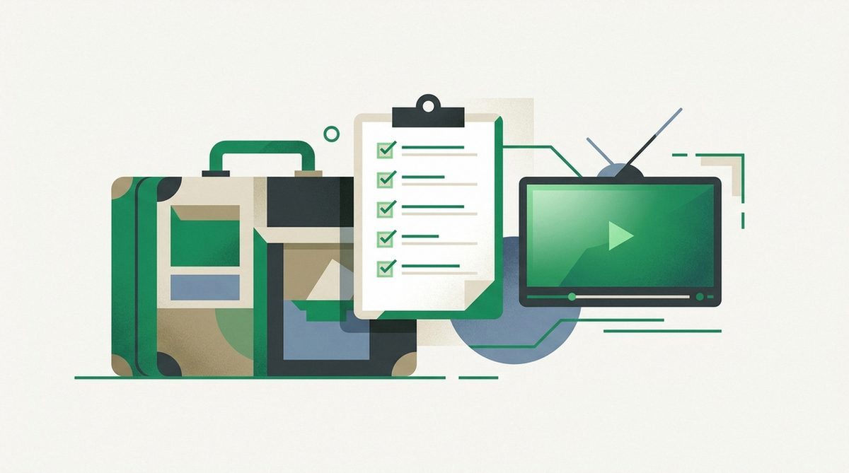 Illustration eines Koffers mit Checkliste und Fernsehsymbol für die Reise