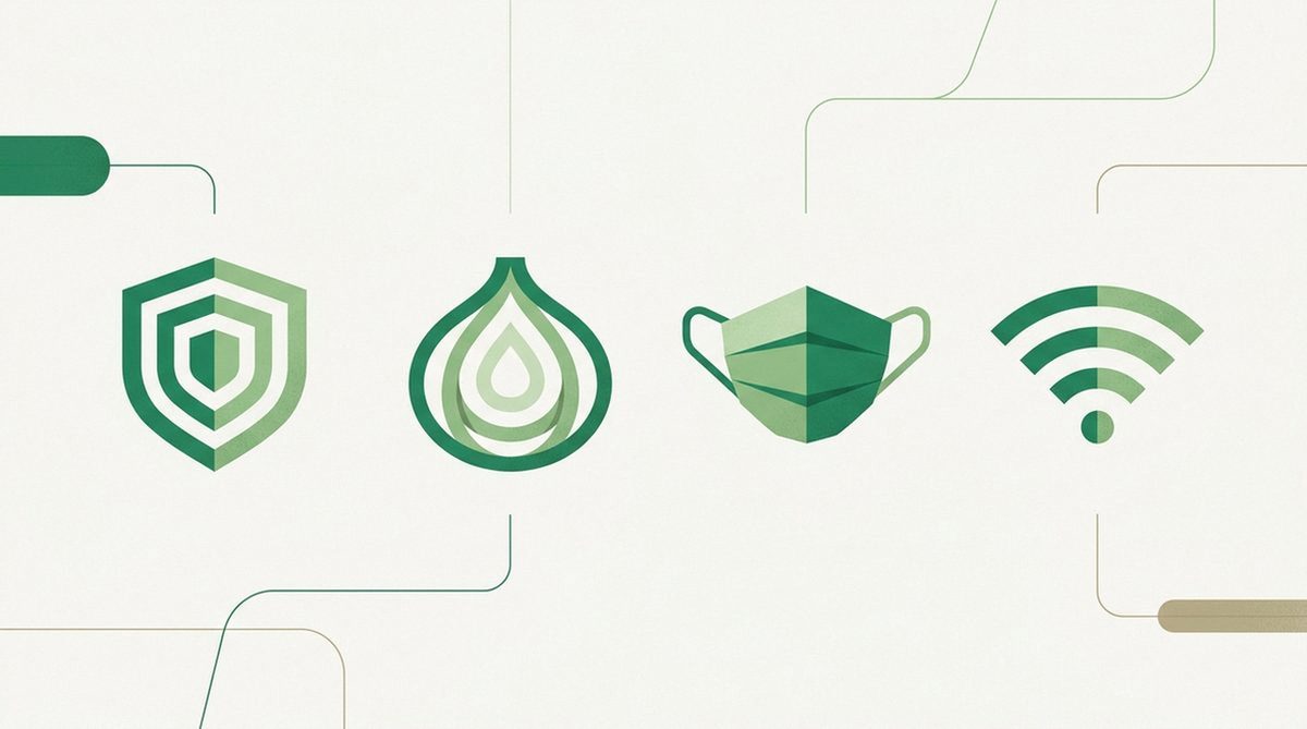 Illustration von vier Symbolen für VPN, Tor, Proxy und öffentliches WLAN im Vergleich