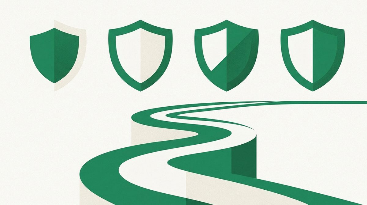 Illustration von vier VPN-Schild-Symbolen über einer Straße für Reisen