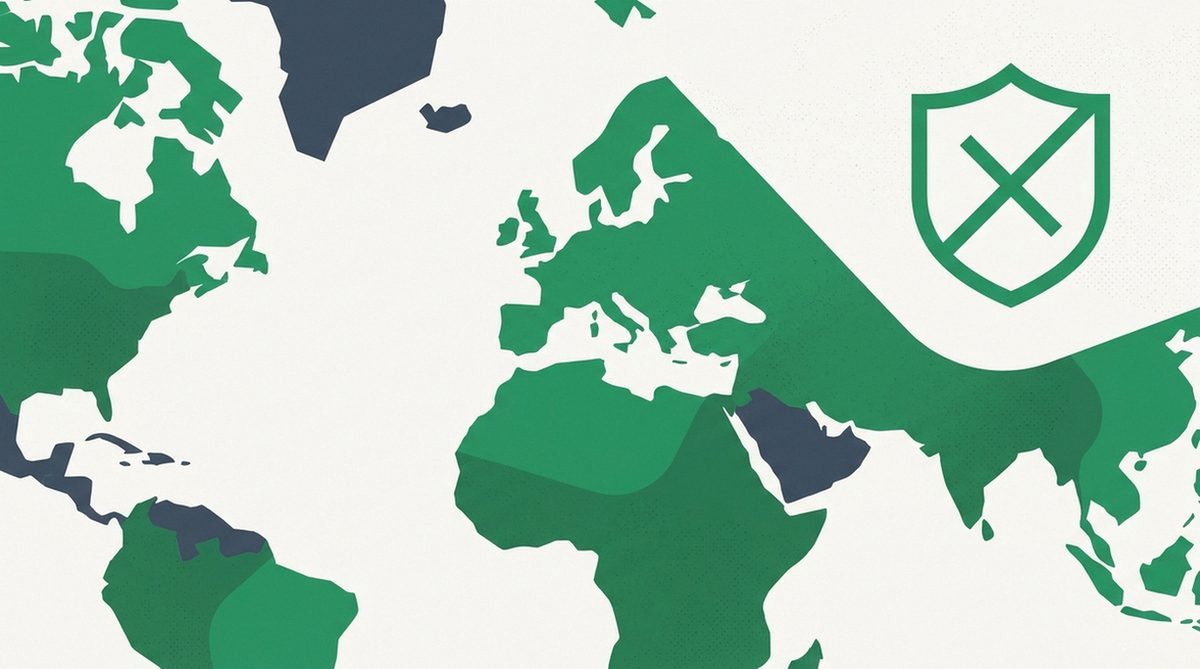 Illustration einer Weltkarte mit markierten Regionen für VPN-Einschränkungen