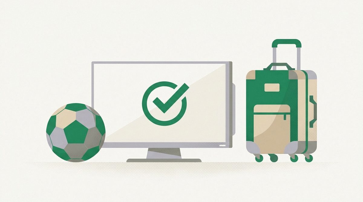 Illustration eines Fußballs neben einem Fernseher mit Koffer für das eigene Abo im Ausland