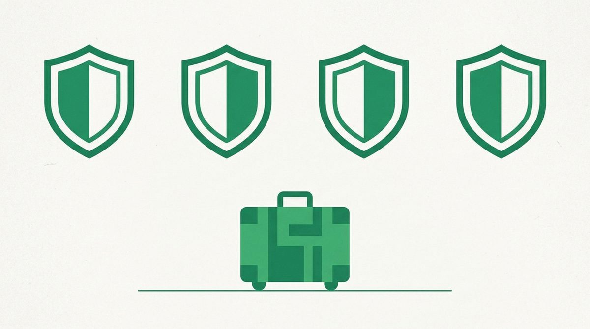 Illustration von vier VPN-Schild-Symbolen über einem Reisekoffer
