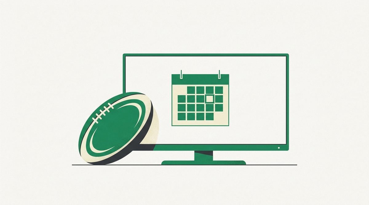 Illustration eines Rugbyballs neben einem Fernsehbildschirm mit Kalendersymbol