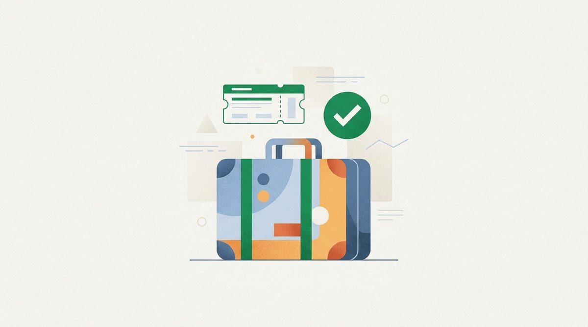 Illustration eines Koffers mit Ticket und Häkchen für den offiziellen Zugang auf Reisen