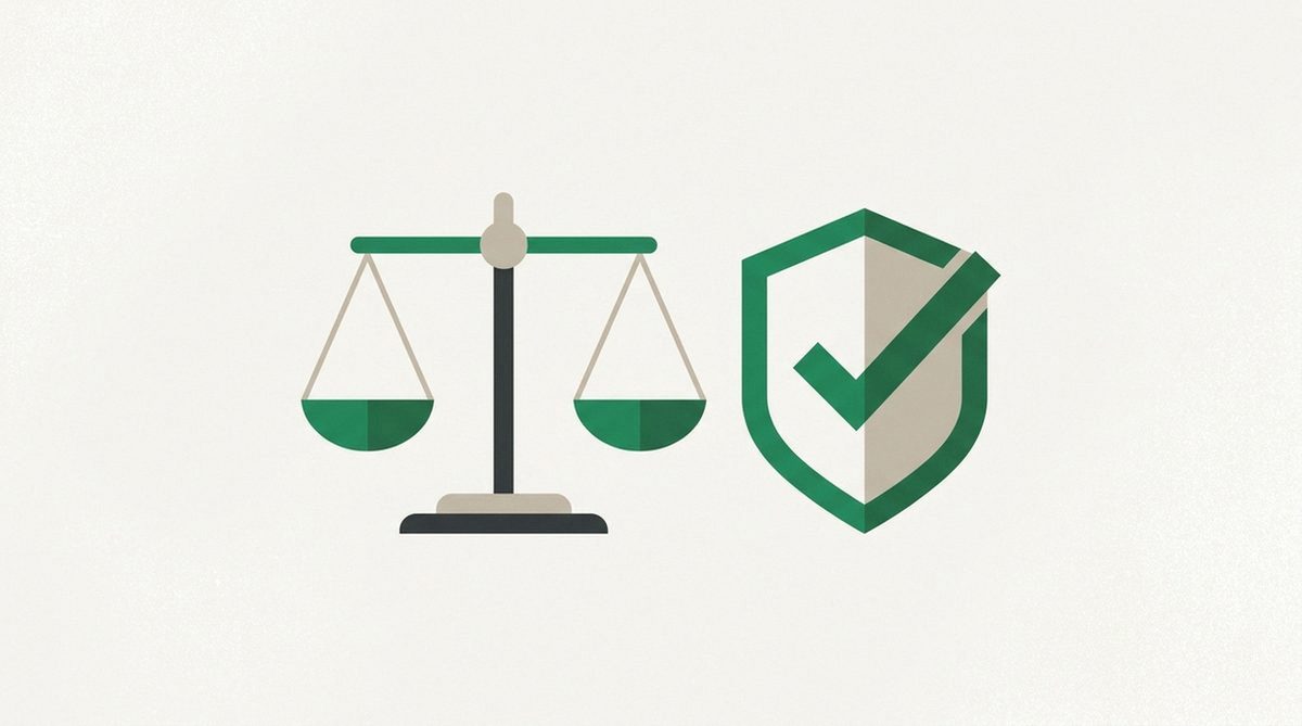 Illustration einer Waage der Gerechtigkeit neben einem Schild-Symbol für die legale Seite