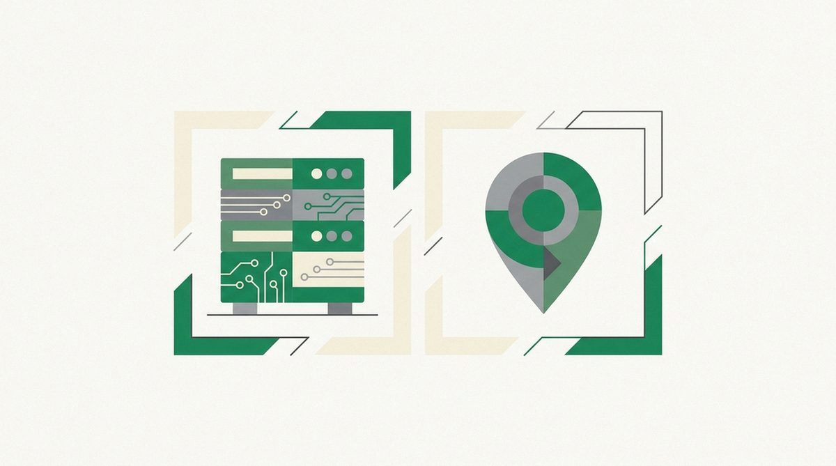 Illustration eines Server-Symbols neben einem Standort-Pin für Österreich