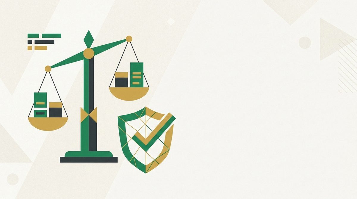 Illustration einer Waage der Gerechtigkeit neben einem Schild-Symbol zur VPN-Rechtslage